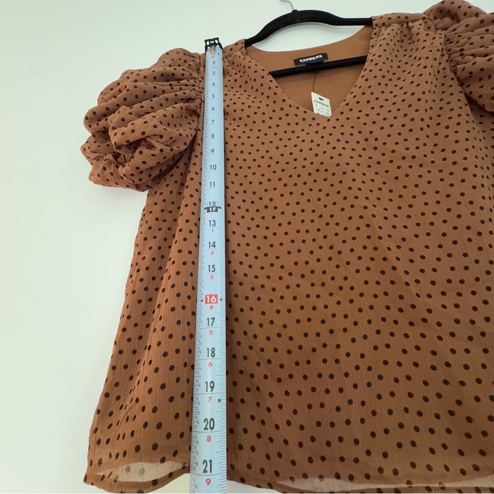 Express Brown Puff Sleeve Polka Dot V Neck Blouse Size Small - Picture 8 of 9
